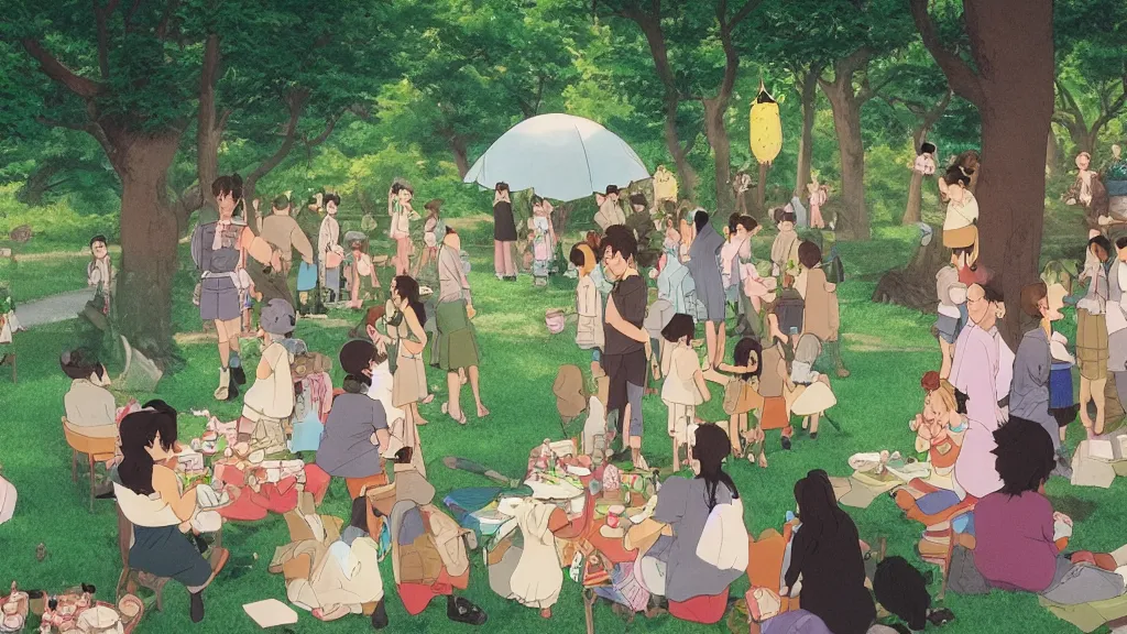 Prompt: a birthday party in a park in new york, cinematic scene, studio ghibli