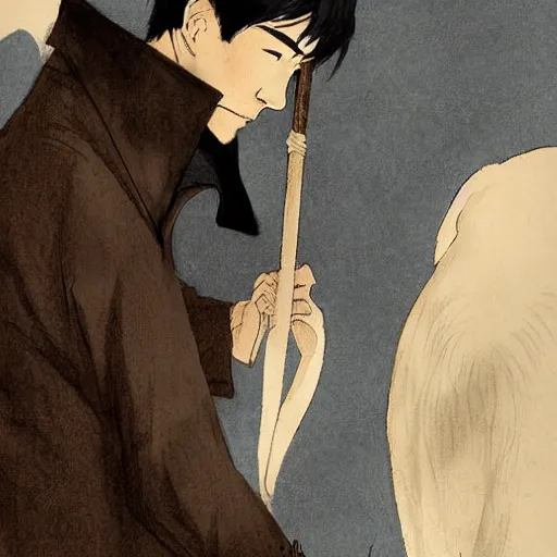 Prompt: An Asian man with goat horns and a duster jacket by Abigail Larson