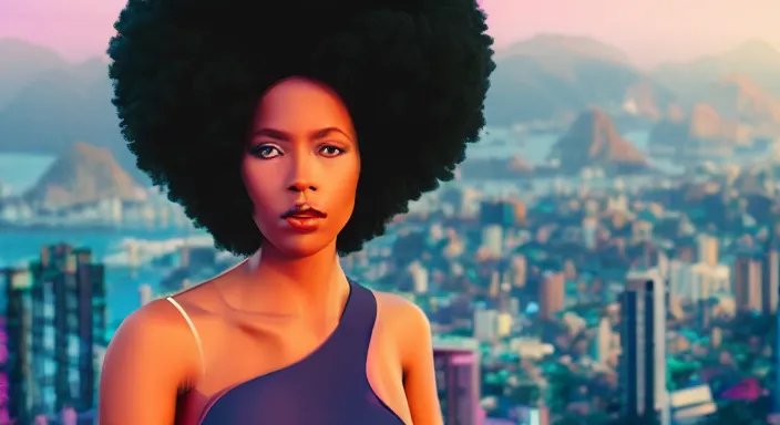 Image similar to portrait of beautiful cyberpunk black woman with afro hair, rio de janeiro pao de acucar corcovado ipanema on the background, blue and purple digital art trending on artstation, beeple, soft lighting, bokeh