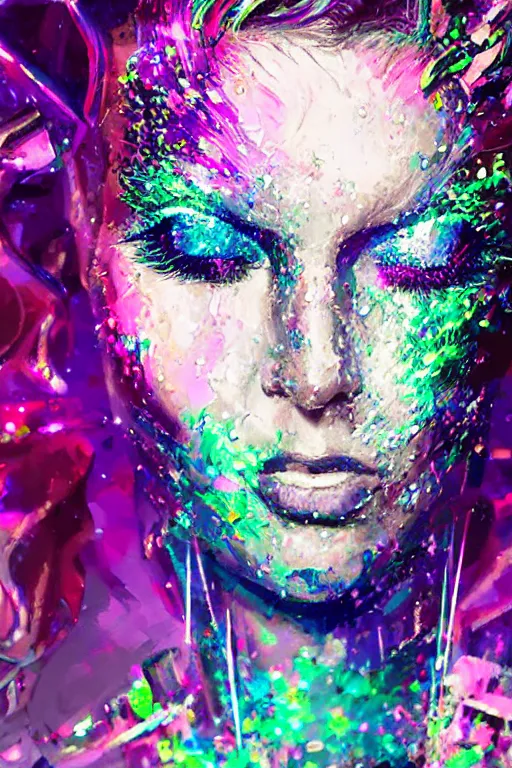 Image similar to portrait, headshot, digital painting, an delightfully mad techno - shaman lady, synthwave, glitter makeup, glitch, chromatic aberration, fracture, crystal explosion, realistic, hyperdetailed, chiaroscuro, concept art, painterly, art by john berkey