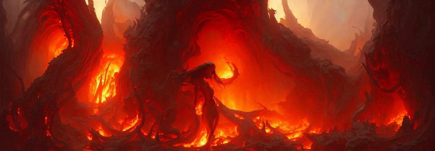 Image similar to Purgatory, fire in hell. The gateway to the infernal underworld. Devils demons, highly detailed, digital painting, artstation, concept art, smooth, sharp focus, illustration, art by artgerm and greg rutkowski and alphonse mucha