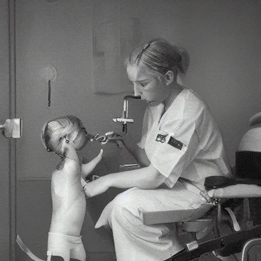 Prompt: “ sensual zonbie nurse treating childs in a hospital, artwork ”