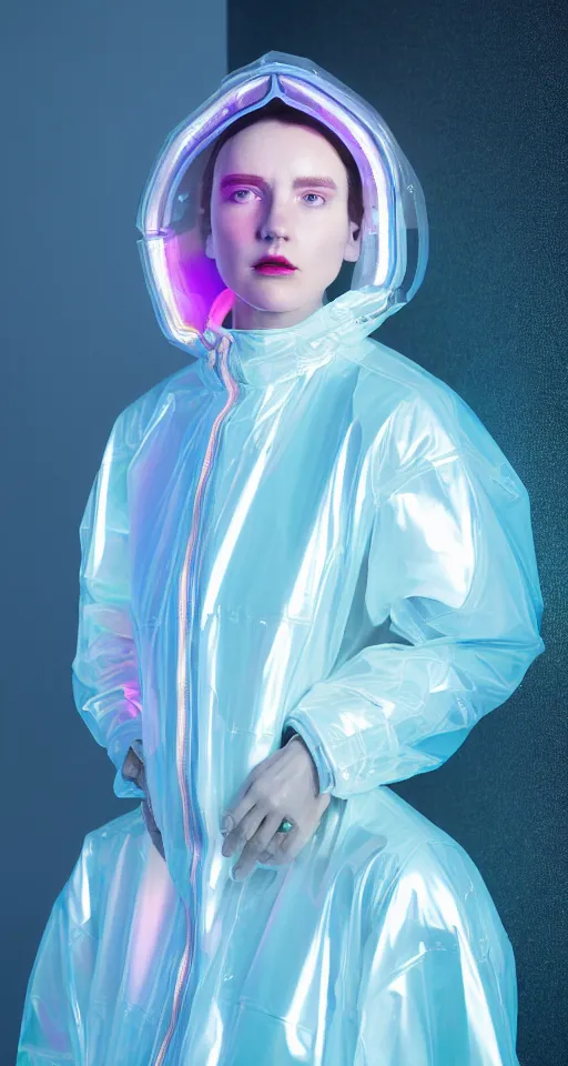 Image similar to an ultra high definition professional studio quality photograph of an artificially intelligent cyberpunk art influencer wearing a transparent iridescent pastel coloured face visor and matching bubbly puffy raincoat on white coat hook in a sheer icelandic black rock environment. three point light. dramatic lighting. volumetric shadows. light rays