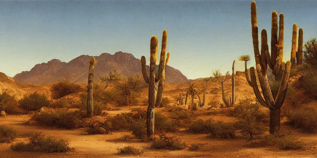 Image similar to beautiful lush desert landscape oasis artwork by eugene von guerard