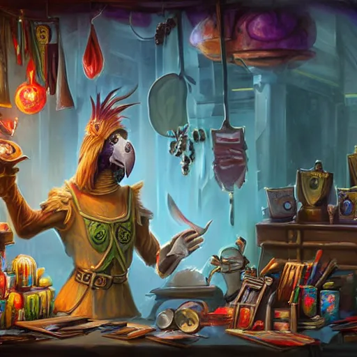 Image similar to Magic the gathering artwork of Anthropomorphized parrot trader in his shop, shelves full, selling a gem, portrait, items, magic potions, carpet, window, fancy funny hat, sly expression , cunning expression, cute expression, presenting magic gem, D&D, fantasy, cinematic lighting, highly detailed, digital painting, artstation, concept art, smooth, sharp focus, illustration, warm light, cozy warm tint, magic the gathering artwork, volumetric lighting, 8k, no gold, no gold colours, art by Akihiko Yoshida and Greg Rutkowski