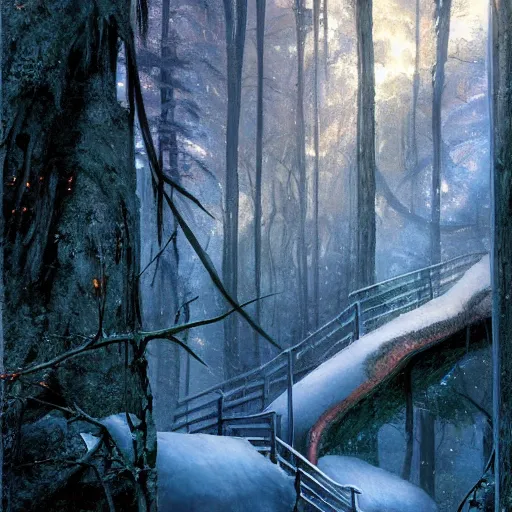 Image similar to stairs leading to a frozen derelict portal in a middle of a snowy lush futuristic forest, lush world seen only through a portal, daylight, cinematic lighting, blue sky, syd mead, john harris
