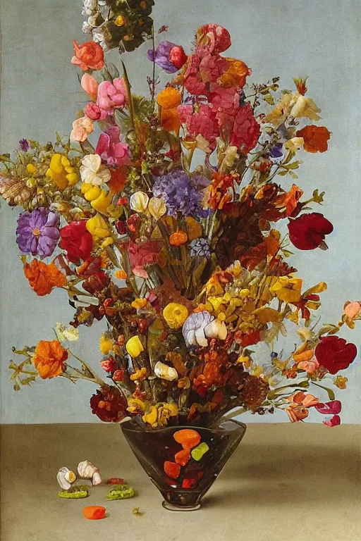 Image similar to still life of a bouquet of gummy bear in the shape of different flowers, but the flowers are actually gummy bears and jelly beans, delicious rubbery translucent squishy sweets, soft light, highly detailed, close up, Northern Renaissance