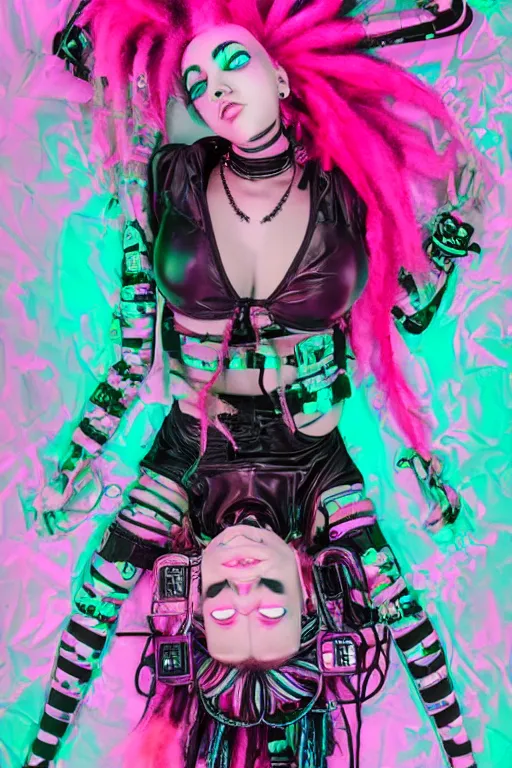 Prompt: portrait of an cybergoth girl with pink and black dreads laying on the floor of her room on ipad, by laia lopez, vaporwave colors, lo - fi colors, vaporwave, lo - fi, moody vibe, goth vibe, 4 k, hd,