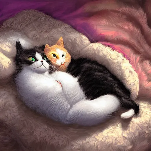 Prompt: a fat black and white male cat and a slim tortoiseshell female cat sleeping peacefully together in cat heaven, dreamy puffy clouds, painted by Tyler Edlin