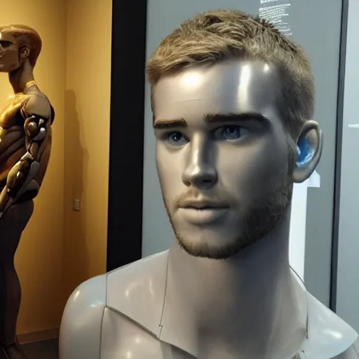 Image similar to “ a realistic detailed photo of a guy who is an attractive humanoid who is half robot and half humanoid, who is a male android, actor liam hemsworth, shiny skin, posing like a statue, blank stare, at the museum, on display ”