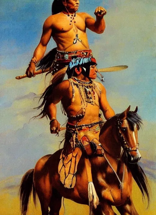 Image similar to powerful native american warrior!! beautiful native american sitting on horse, nineteenth century painting, painted by frank frazetta