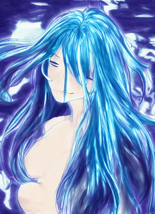 Image similar to a woman with blue hair sitting in the water, an anime drawing by yuumei, featured on pixiv, rayonism, pixiv, seapunk, anime