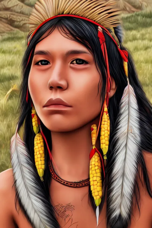 Image similar to a native american with corn for skin, highly detailed, digital art, sharp focus, trending on art station, anime art style