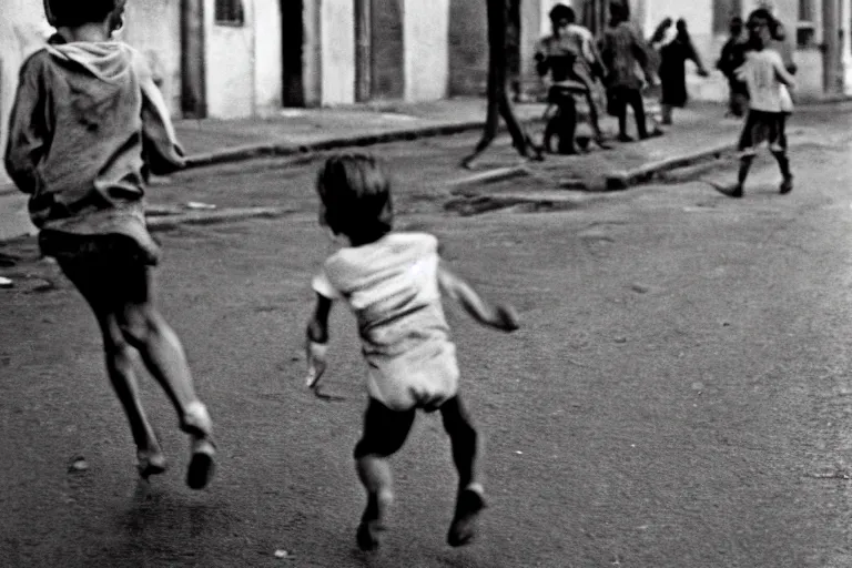 Prompt: A dirty child running down the street, decisive moment, anri cartier bresson