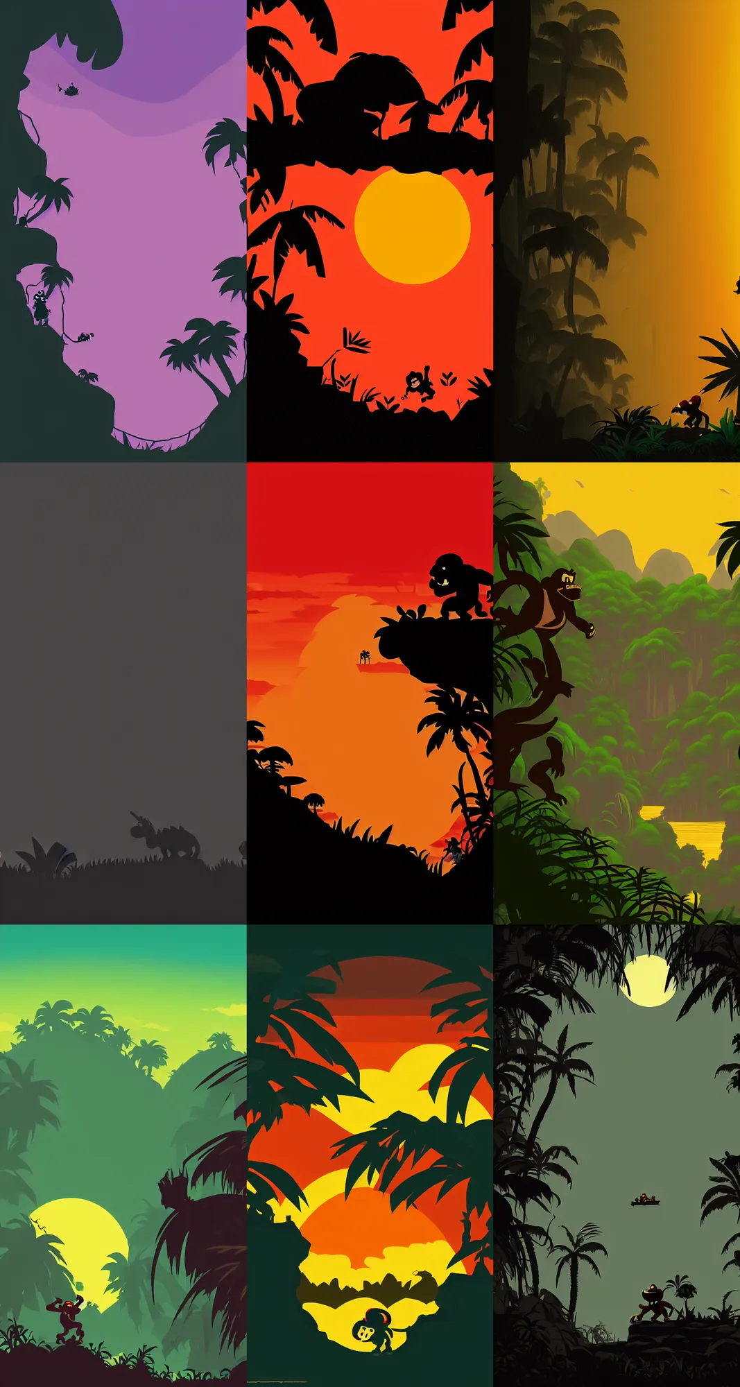 Prompt: donkey kong country, jungle, stylized, silhouette, horizon, minimalist wallpaper, dark background, desktop background, behance, artstation, deviantart