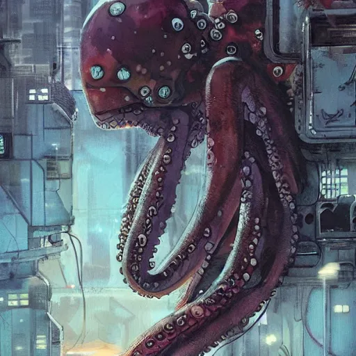 Prompt: octopus on a space station, cyberpunk, realistic, detailed, Industrial Scifi, paint, watercolor, in the style of Ashley Wood and Wadim Kashin