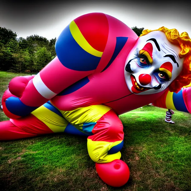 Image similar to scary clown made of bouncy castle, highly detailed, 8 k, hdr, smooth, sharp focus, high resolution, award - winning photo