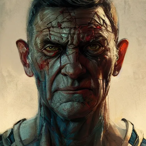 Image similar to close-up, symmetrical, portrait of an old man, captain america, bruised, scarred, marvel art, art by greg rutkowski, matte painting, trending on artstation