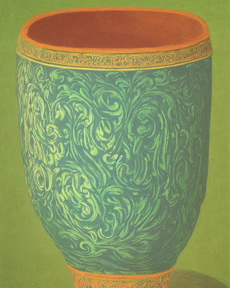 Image similar to achingly beautiful print of intricately painted ancient greek krater on a green pastel background by rene magritte, monet, and turner.