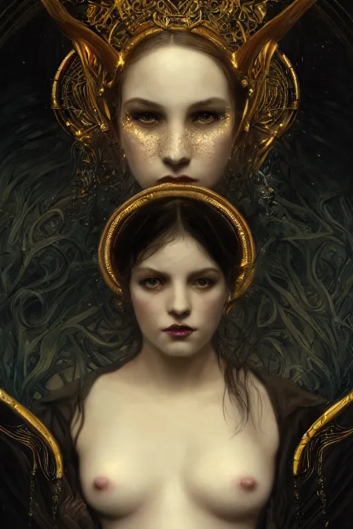 Image similar to a portrait of bio - luminescent beautiful demon queen in deep, black darkness, shining eyes, illustration, dramatic lighting, soft details, painting oil on canvas, art nouveau, octane render, hdr, 4 k, 8 k, hd, by edmund blair leighton, brom, charlie bowater, trending on artstation, faces by tom bagshaw, sargent