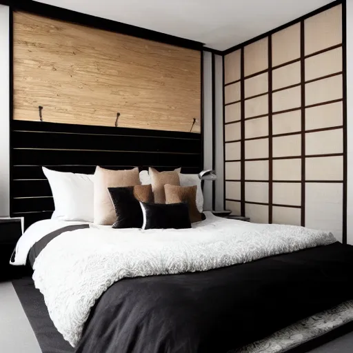 Image similar to bedroom, stone, interior design, stylish luxury hotel bedroom design, yakisugi, black vertical slatted timber, textures, feminine, black walls, art, vase with flowers, Japanese influences