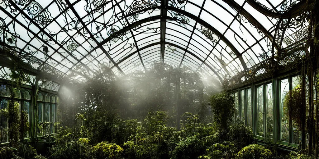 Prompt: long shot of a bright sun shining through an abandoned art nouveau interior of a glass conservatory, over grown botanical garden, atmospheric, ground mist, style of michael schwan, saatchi art, sharp, intricate detail,