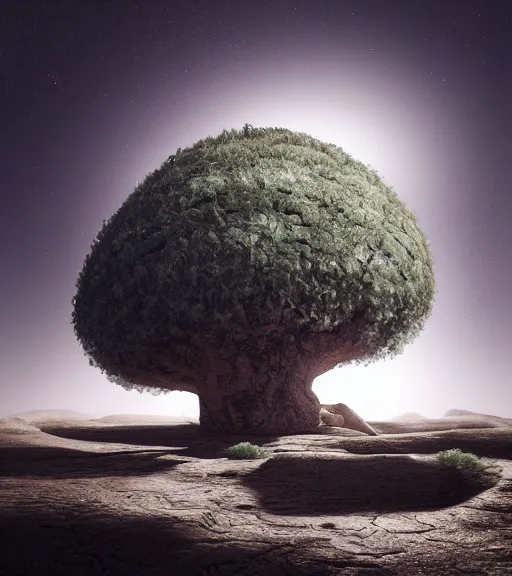 Image similar to surreal theory of ancient futuristic white anaconda tree in the desert, foggy sky, dark night, octane render, unreal engine, pale colors, high detail, 8 k, wide angle, trending on artstation, behance