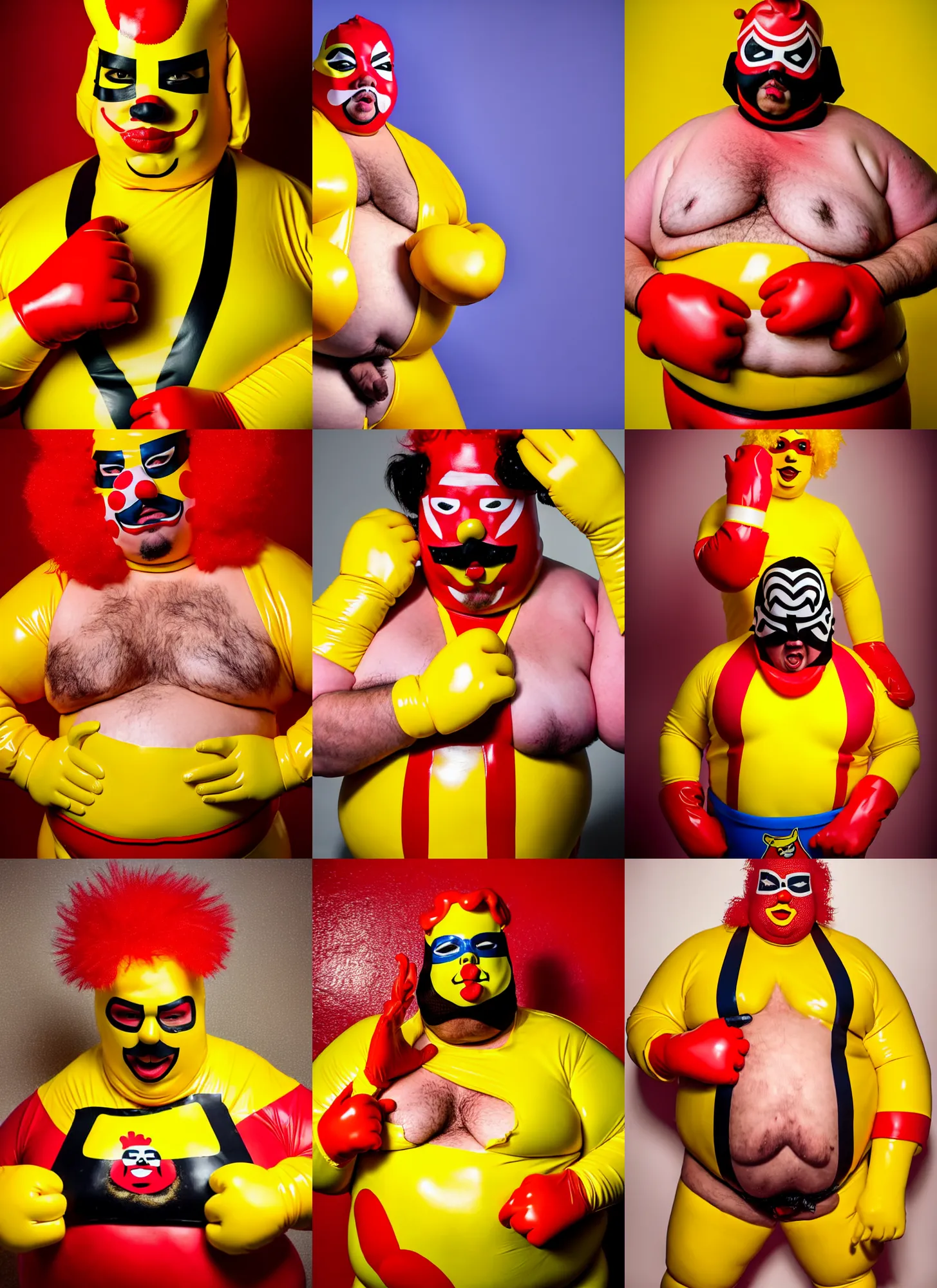 Prompt: wide angle lens portrait of a very chubby looking Lucha libre dressed in yellow and red rubber latex costume holding a huge sloppy hamburger, bare hairy chest, red Ronald McDonald hair, yellow latex gloves, red and white color latex sleeves, photography inspired by Oleg Vdovenko