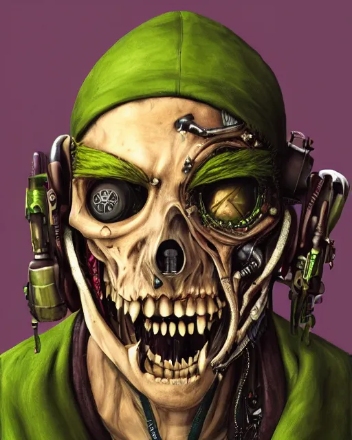 Image similar to an intimate portrait of a gnarly human cyberpunk pirate, old skin, faded hat, crooked teeth, green eyes, a look of menace, detailed matte fantasy painting