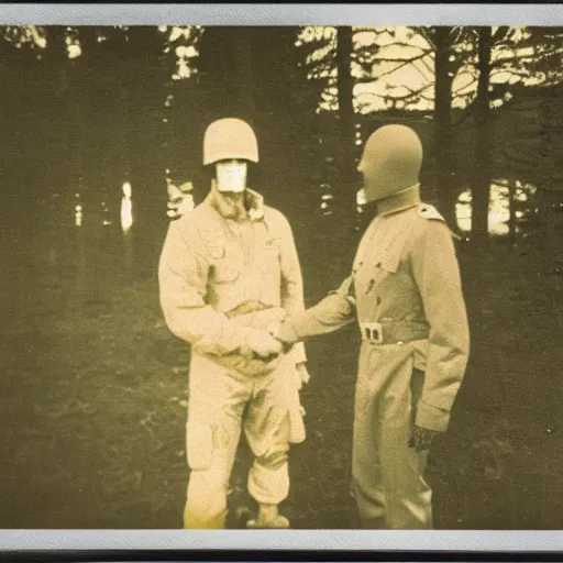 Image similar to old polaroid depicting a handshake between a us military general and a grey alien, at a clearing, at dusk