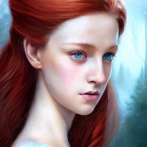 Image similar to centered detailed portrait of a beautiful princess looks like from bridgeton with red hairs, realistic character concept, identical eyes, gazing eyes, beautiful eyes medium shot, elegant pose, fantasy, illustration, slender symmetrical face and body, artstation, cinematic lighting, hyperdetailed, cgsociety, 8k Resolution, high resolution, Charlie Bowater, Tom Bagshaw, Tom Richmond, single face, insanely detailed and intricate, beautiful, elegant, golden ratio, bloom and flowers in background, vfx, psychadelic