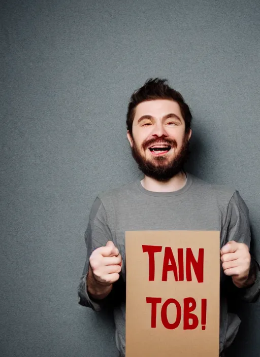 Prompt: thanks tobi sign held by man, madly grinning towards the camera, studio light