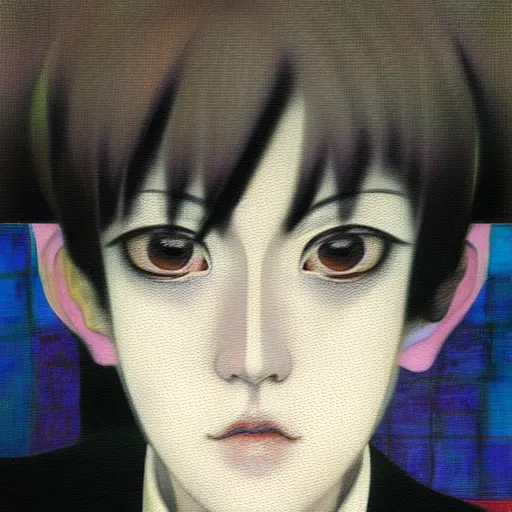 Image similar to yoshitaka amano blurred and dreamy realistic three quarter angle portrait of a young woman with short hair and black eyes wearing office suit with tie, junji ito abstract patterns in the background, satoshi kon anime, noisy film grain effect, highly detailed, renaissance oil painting, weird portrait angle, blurred lost edges