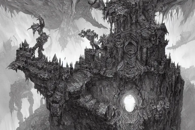 Image similar to black and white one point perspective dungeon cozy fantasy dungeon dragon artgerm and Craig Mullins, James Jean, Andrey Ryabovichev, Mark Simonetti and Peter Morbacher 16k