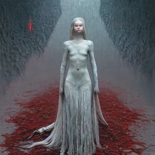 Image similar to Elle Fanning in the world of Dark Souls, intricate, smooth, artstation, painted by Wayne Barlowe, zdislav beksinski