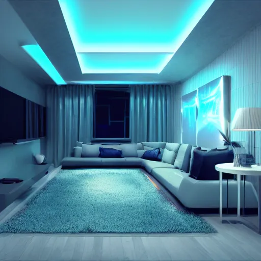 Image similar to futuristic looking living room, dark with blue neon lights, contrasted, octane render