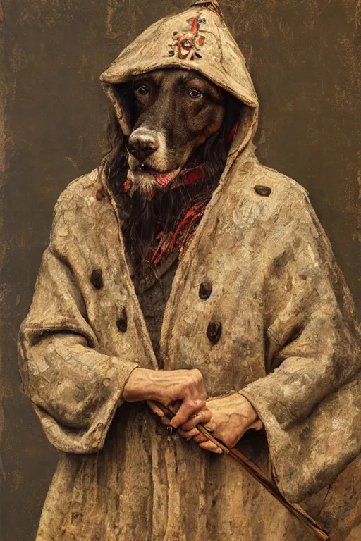 Image similar to slavic dog head man, woolen torso in medieval clothes, building a house, orthodox saint christopher, oil painting, painting by viktor vasnetsov, painting by viktor whimmy, concept art, hyperrealism, beautiful, high resolution, trending on artstation,