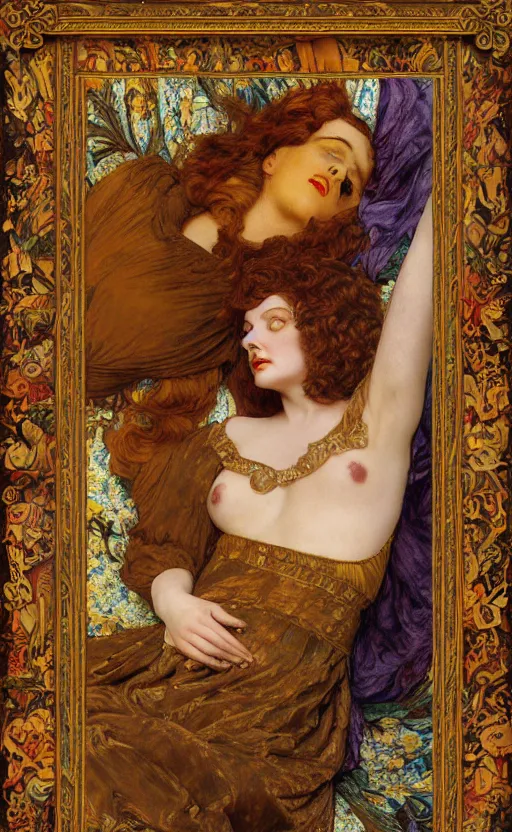 Image similar to preraphaelite full body portrait photography masterpiece hybrid of judy garland and florence welch, reclining, brown hair fringe, yellow ochre ornate medieval dress, kilian eng and william holman hunt, frederic leighton, ford madox brown, william morris, framed, 4 k