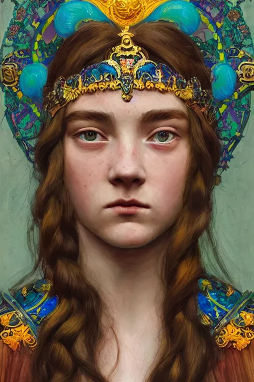 Prompt: a colorful head and torso art nouveau portrait of a 16-year old sun goddess who resembles Saoirse Ronan and Anya Taylor Joy with a worried, intense gaze and slightly opened mouth, ornate intricate iridescent battle armor, intricate, elegant, highly detailed, digital painting, artstation, concept art, smooth, sharp focus, illustration, art by John William Waterhouse and Bouguereau and Donato Giancola and alphonse mucha