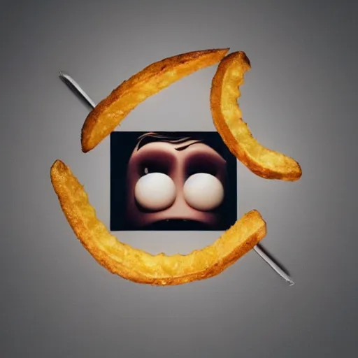 Image similar to photo of [ a single salted french fry chip ] shaped like that looks like stephen fry as a pixar character hybrid intercross mix cinematic lighting