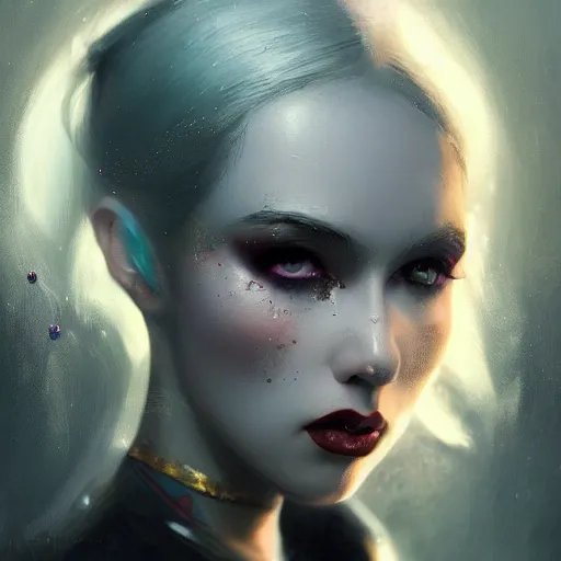 Image similar to a beautiful portrait of kerli koiv with bubble goth makeup, a detailed painting by greg rutkowski and raymond swanland, featured on cgsociety, fantasy art, detailed painting, artstation hd, photorealistic