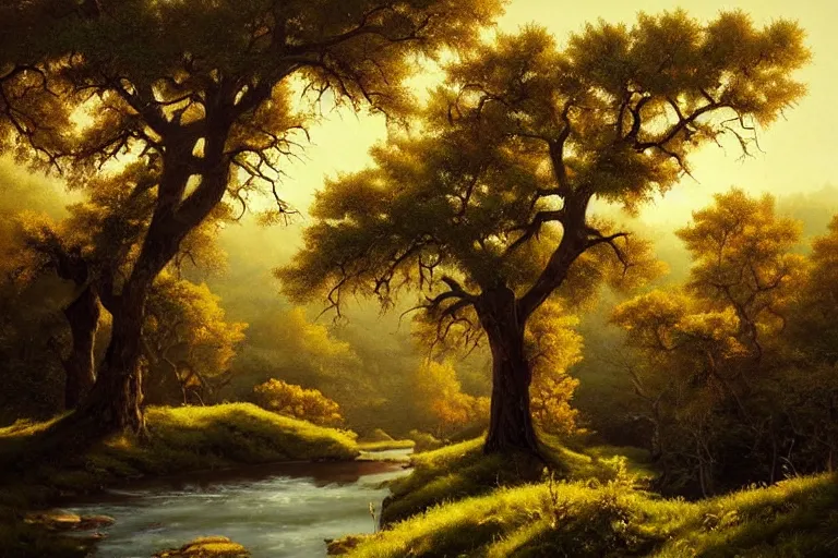 Prompt: masterpiece painting of oak trees on a hillside overlooking a creek, dramatic lighting, by sylvain sarrailh