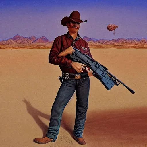 Prompt: Painting of a cowboy with a gun in the middle of the desert High Quality detailed by Barclay Shaw