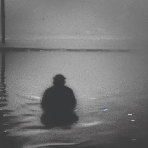 Prompt: a picture of a shadowy figure sitting on pavement deep underwater, godrays, black-and-white, 35mm