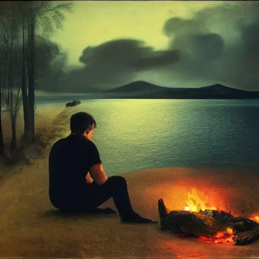 Prompt: a man sits beside a fire on the beach by a lake on a dark night. a great massive creature of darkness is drawn across the water to the light. modern supernatural thriller aesthetic inspired by gregory crewdson and francisco goya, realistic oil painting.