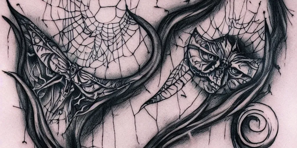 Prompt: realistic tattoo designs drawn on paper, dark, bats, cobweb moon, delicate, hyper realism, tim burton, ink, ultra realistic, 8 k