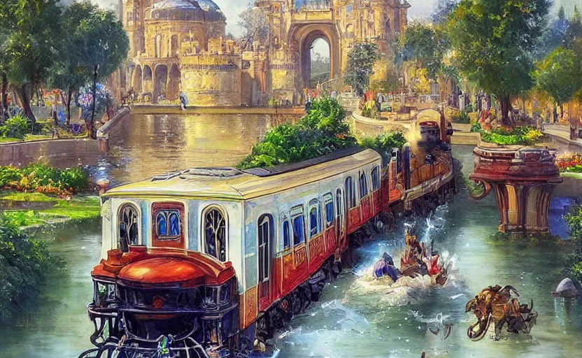 Image similar to Beautiful alchemy urban train that rides inside of a waterway on a fantasy city, next to a fountain and a mystical palace. By Konstantin Razumov, highly detailded