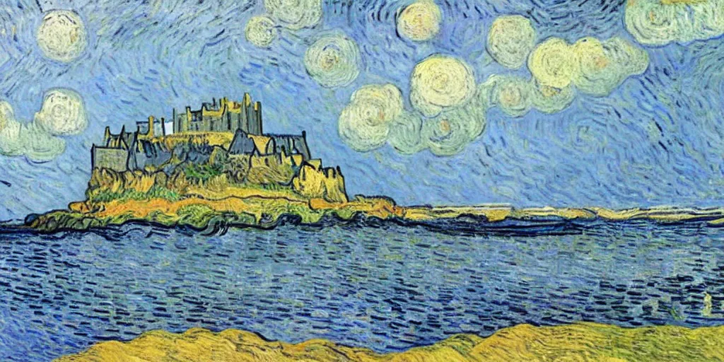 Image similar to bamburgh castle and beach painted by Vincent Van Gogh, wide brush strokes