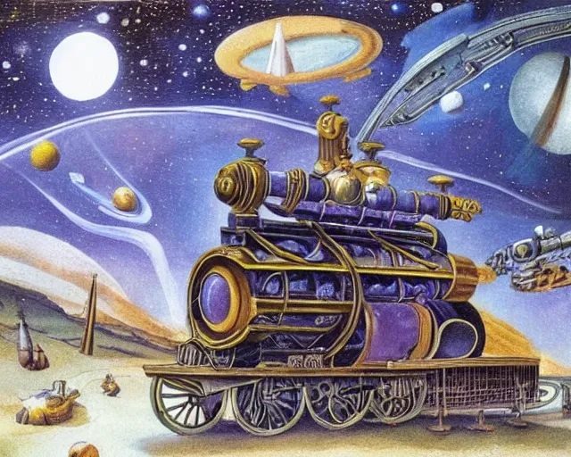 Prompt: Space with steampunk train in space, by michelangelo