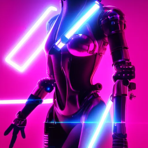 Image similar to cinematic, photography, a beautiful rihanna cyborg, perfect bionic body, pink chrome armor, neon holographic ui data displays, pink space gun, hajime sorayama, masamune shirow, octane rendered, 4 k, lens flare,